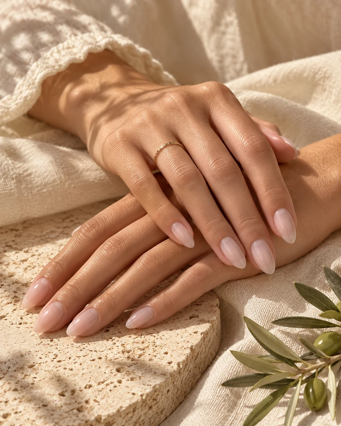 Ambiance douce : mains aux ongles nude sur du lin et de la pierre claire. Visuel d’illustration.